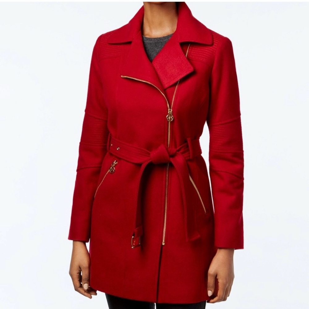 Michael Kors Red Belted Zip Wool Coat – Gold Hardware Small Designer Winter Coat